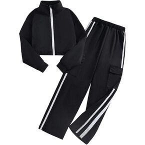 Floerns Girl's 2 Piece Outfit Zip Up Long Sleeve Sweatshirt with Cargo Pants Tracksuit Set