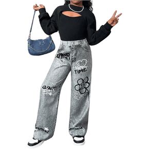 Floerns Girl's 3 Piece Outfit Long Sleeve Super T Shirt Camisole with Denim Pants Set
