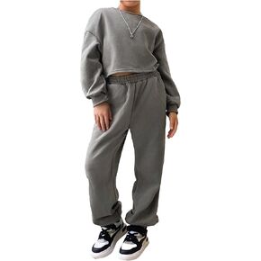 OYOANGLE Girl's Two Piece Outfits Round Neck Long Sleeve Crop Sweatshirt and Sweatpants Matching Sets