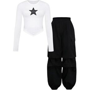 Girl's 2 Piece Outfits Long Sleeve Asymmetrical Star Graphic Tees and Cargo Pants Casual Fall Clothes