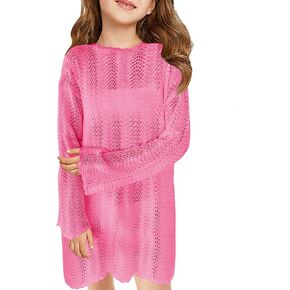 Haloumoning Girls Crochet Swim Cover up Kids Beach Summer Long Sleeve Hollow Out Coverup 5-14 Years