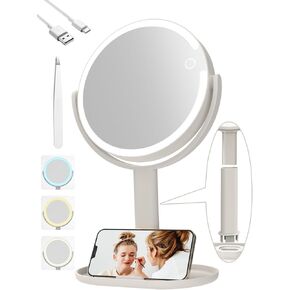 Starlight Vanity Mirror with Lights, 2-Sided Makeup Mirror with 3 Color Adjustable Brightness Light, Magnifying Mirror with Phone Holder and Storage Tray, Vanity Mirror for Home Travel 8in