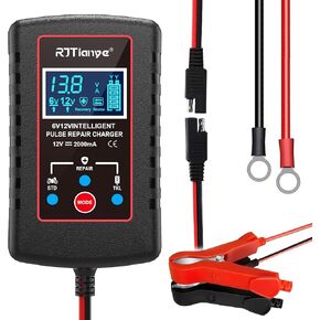 B-Qtech Upgraded 2Amp Car Battery Trickle Charger 6V/12V Smart Fully Automatic 3 Mode Battery Charger Maintainer, Battery Desulfator for Lawn Mower, Motorcycle, Car, Boat, Marine Lead Acid Batteries