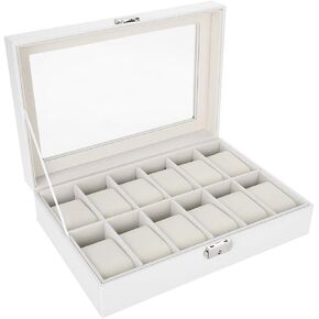 Watch Holder Wristwatch Watch Box Organizer Case, Watch Storage Box for Women White Faux Leather Watch Box Wristwatch Holder Watch 12 Grids Pu Leather Watch Display Case &