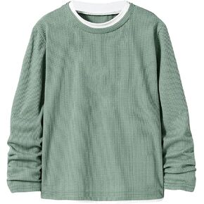 Boy's Waffle Knit Long Sleeve Crewneck T-Shirt Color Block Trim Fake Two-Piece Tee Spring Fall Casual Tops