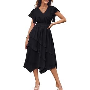 GRACE KARIN Women's Casual Summer Dresses V Neck Flutter Ruffle Short Sleeve Dresses 2025 Empire High Waist Flowy Midi Dress