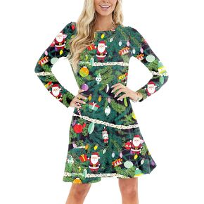 Christmas Dresses for Women Winter Party Long Sleeve Holiday Ugly Dress S