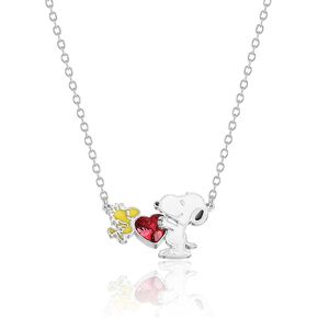 PEANUTS Womens Snoopy and Woodstock Red Crystal Heart Necklace 18" - Silver Plated Snoopy Necklace - Official License