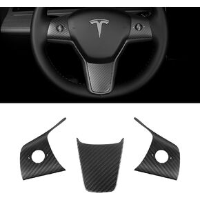Steering Wheel Trim Cover 3PCS for 2017-2023 Tesla Model 3&Y,3K Toray Dry Carbon Fiber Interior Accessories Compatible with Tesla Model 3&Y(Matte Black)