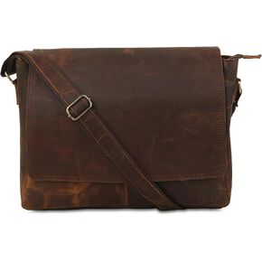 15-Inch Genuine Leather Full Flap Messenger Bag - Classic Satchel for Laptop, Shoulder, and Office Use - Padded School Handbag - Crossbody Leather Satchel