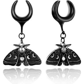 2PCS Ear Saddle Dangle Gauges Black Butterfly Ear Dangle Plugs Tunnels Hypoallergenic 316 Stainless Steel Body Ear Piercing Jewelry Women Men