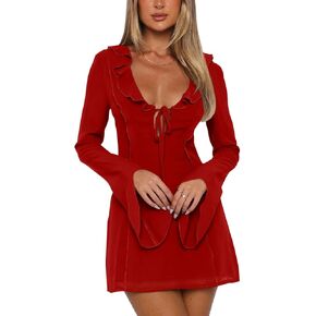 GOBLES Women's Sexy Long Flare Sleeve Chiffon Ruffle Deep Tie V Neck Bodycon Mini Party Dress