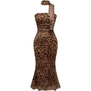 Milumia Women's Leopard Print Strapless Bodycon Maxi Dress Mesh Long Tube Top Dress