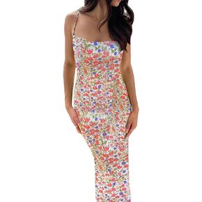 KMBANGI Women Cutout Backless Maxi Dress Sexy Sleeveless Floral Cocktail Dress Bodycon Spaghetti Strap Long Dress Party