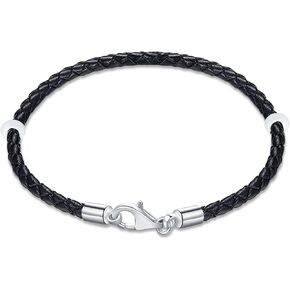 17-22cm Black Red Braided Leather Bracelet with 925 Sterling Silver Lobster Clasp-Fit Pandora Charm/Beads/Pendant, Gift for Men/Women/Grandson Christmas Birthday