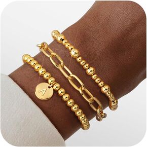 Wowshow Gold Bracelets for Women Strand Gold Beaded Bracelets for Women Initial Bracelet with A-Z Letter Gold Bracelet Stack Set 14K Gold Plated Bead Ball Bracelet Gold Jewelry Gifts for Women