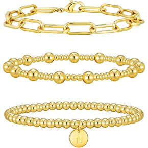 Wowshow Gold Bracelets for Women Strand Gold Beaded Bracelets for Women Initial Bracelet with A-Z Letter Gold Bracelet Stack Set 14K Gold Plated Bead Ball Bracelet Gold Jewelry Gifts for Women in Kuwait