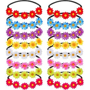 Flower Crowns For Women,16 Pieces Multicolor Daisy Flower Headband Hippie Headbands For Women Girls With Adjustable Elastic Ribbon Floral Garland Headbands For Festival Wedding Party