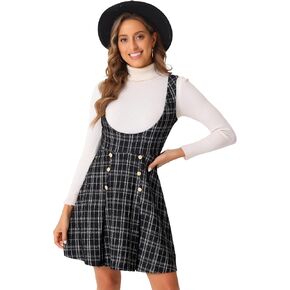 Allegra K Pinafore Overall Dress for Women's U Neck Tweed Plaid Dress