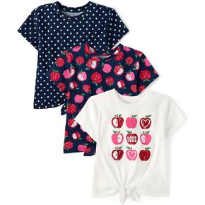 The Children's Place Girls' Short Sleeve Tie Front Top, Apple Hearts/Apples/Tidal 3-Pack