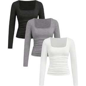 SOLY HUX Girl's Long Sleeve Square Neck T-Shirts 3 Pieces Tight Fitted Basic Tees Layer Tops
