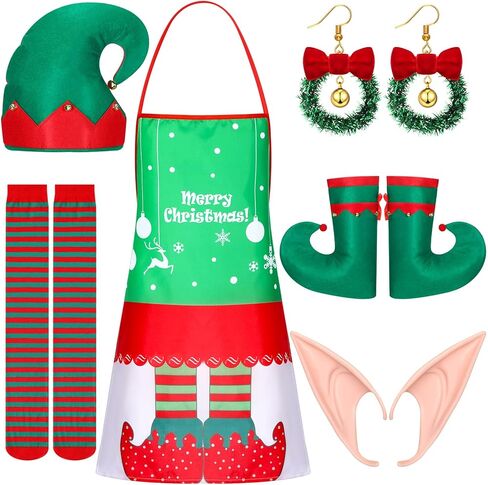 مجموعة إكسسوارات أزياء قزم الكريسماس مكونة من 10 قطع تتضمن قبعة سانتا قزم وأحذية قزم ومريلة عيد الميلاد وجوارب مخططة وأذنين سيليكون وأقراط عيد الميلاد للبالغين زي قزم لحفلات عيد الميلاد in Kuwait