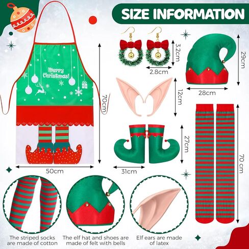 مجموعة إكسسوارات أزياء قزم الكريسماس مكونة من 10 قطع تتضمن قبعة سانتا قزم وأحذية قزم ومريلة عيد الميلاد وجوارب مخططة وأذنين سيليكون وأقراط عيد الميلاد للبالغين زي قزم لحفلات عيد الميلاد in Kuwait
