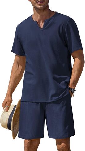 COOFANDY Men's 2 Pieces Short Sets Cotton Linen Shirts Short Sleeve Casual Beach Shorts Summer Yoga Outfits in Saudi Arabia