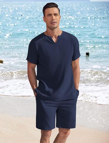 COOFANDY Men's 2 Pieces Short Sets Cotton Linen Shirts Short Sleeve Casual Beach Shorts Summer Yoga Outfits in Saudi Arabia
