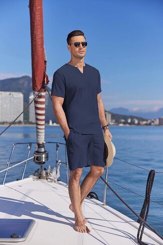 COOFANDY Men's 2 Pieces Short Sets Cotton Linen Shirts Short Sleeve Casual Beach Shorts Summer Yoga Outfits in Saudi Arabia