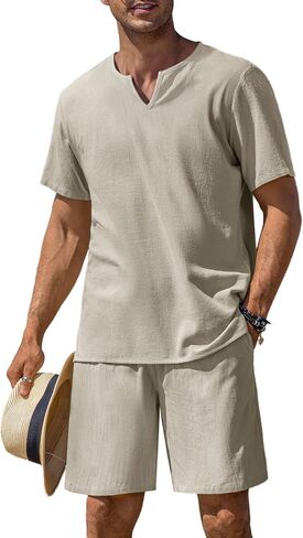 COOFANDY Men's 2 Pieces Short Sets Cotton Linen Shirts Short Sleeve Casual Beach Shorts Summer Yoga Outfits in Saudi Arabia