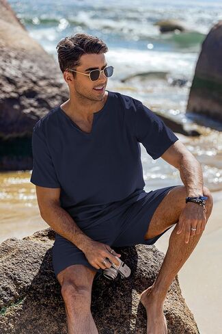 COOFANDY Men's 2 Pieces Short Sets Cotton Linen Shirts Short Sleeve Casual Beach Shorts Summer Yoga Outfits in Saudi Arabia