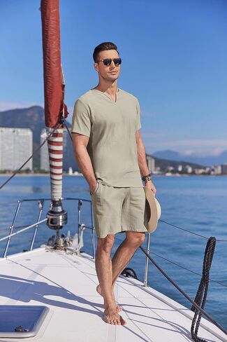 COOFANDY Men's 2 Pieces Short Sets Cotton Linen Shirts Short Sleeve Casual Beach Shorts Summer Yoga Outfits in Saudi Arabia