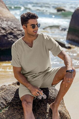 COOFANDY Men's 2 Pieces Short Sets Cotton Linen Shirts Short Sleeve Casual Beach Shorts Summer Yoga Outfits in Saudi Arabia