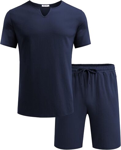 COOFANDY Men's 2 Pieces Short Sets Cotton Linen Shirts Short Sleeve Casual Beach Shorts Summer Yoga Outfits in Saudi Arabia