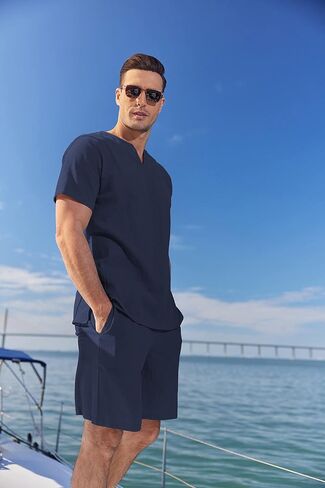 COOFANDY Men's 2 Pieces Short Sets Cotton Linen Shirts Short Sleeve Casual Beach Shorts Summer Yoga Outfits in Saudi Arabia