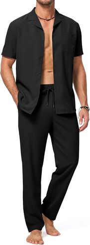 JMIERR Men 2 Piece Outfit Short Sleeve Beach Button Down Shirt Casual Loose Pant Sets with Pocket in Kuwait