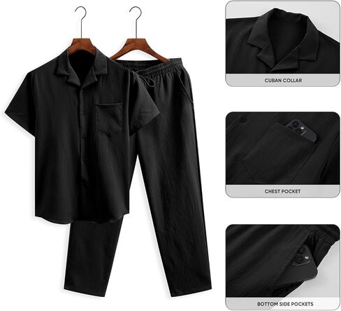 JMIERR Men 2 Piece Outfit Short Sleeve Beach Button Down Shirt Casual Loose Pant Sets with Pocket in Kuwait