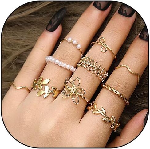 Rrdaily Fashion Gold Knuckle Stacking Rings Set for Teen Girls Women Boho Pearl Flower Leaf Rings Joint Stackable Nail Ring Hollow Finger Rings Pack in Saudi Arabia