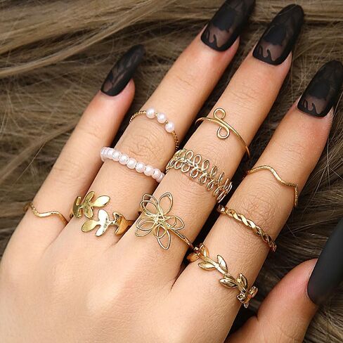 Rrdaily Fashion Gold Knuckle Stacking Rings Set for Teen Girls Women Boho Pearl Flower Leaf Rings Joint Stackable Nail Ring Hollow Finger Rings Pack in Saudi Arabia