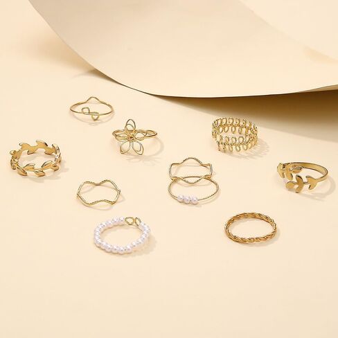 Rrdaily Fashion Gold Knuckle Stacking Rings Set for Teen Girls Women Boho Pearl Flower Leaf Rings Joint Stackable Nail Ring Hollow Finger Rings Pack in Saudi Arabia