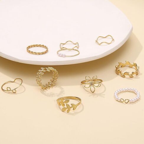 Rrdaily Fashion Gold Knuckle Stacking Rings Set for Teen Girls Women Boho Pearl Flower Leaf Rings Joint Stackable Nail Ring Hollow Finger Rings Pack in Saudi Arabia