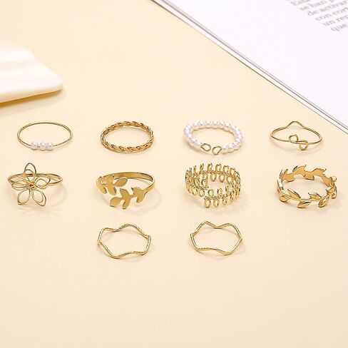 Rrdaily Fashion Gold Knuckle Stacking Rings Set for Teen Girls Women Boho Pearl Flower Leaf Rings Joint Stackable Nail Ring Hollow Finger Rings Pack in Saudi Arabia