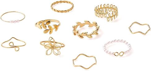 Rrdaily Fashion Gold Knuckle Stacking Rings Set for Teen Girls Women Boho Pearl Flower Leaf Rings Joint Stackable Nail Ring Hollow Finger Rings Pack in Saudi Arabia
