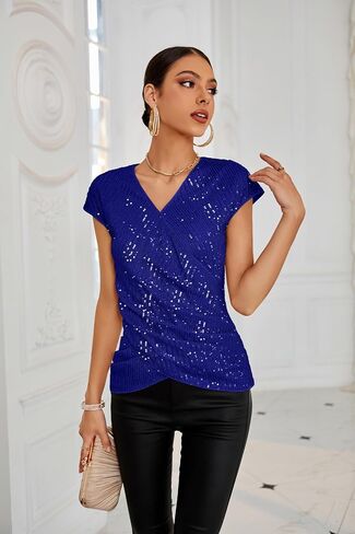 GRACE KARIN Womens Sparkle Sequin Top Shimmer Glitter Blouse Twist Front V Neck Cap Sleeve Club Party Shirt in Saudi Arabia