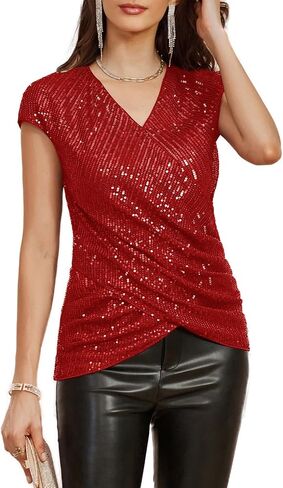 GRACE KARIN Womens Sparkle Sequin Top Shimmer Glitter Blouse Twist Front V Neck Cap Sleeve Club Party Shirt in Saudi Arabia
