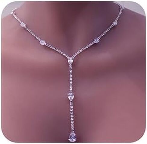 Xerling Rhinestones Tennis Chain Necklaces for Women Bling Crystal Zircon Pendant Choker Necklaces for Wedding Prom Dainty Statement Y-Necklaces for Brides in Saudi Arabia