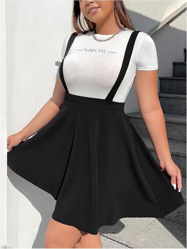 OYOANGLE Women's Plus Size Suspender Skirt High Waist Ruffle Hem Straps Overall Pinafore Dress in Kuwait