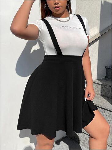 OYOANGLE Women's Plus Size Suspender Skirt High Waist Ruffle Hem Straps Overall Pinafore Dress in Kuwait