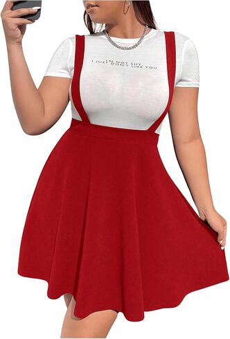 OYOANGLE Women's Plus Size Suspender Skirt High Waist Ruffle Hem Straps Overall Pinafore Dress in Kuwait